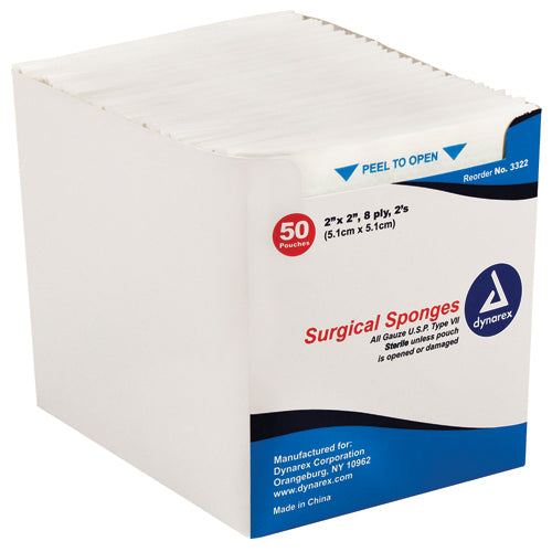 Gauze Sponges Sterile-2's 2"X 2"-8ply (50-2's per tray)