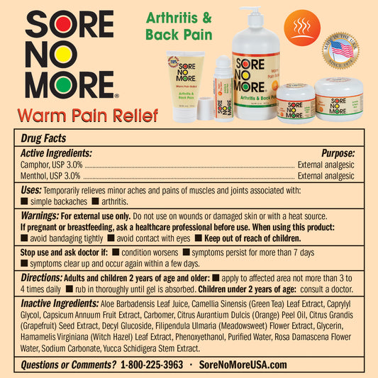 Sore No More Warm Pain Relief Arthritis & Back Pain Back Info
